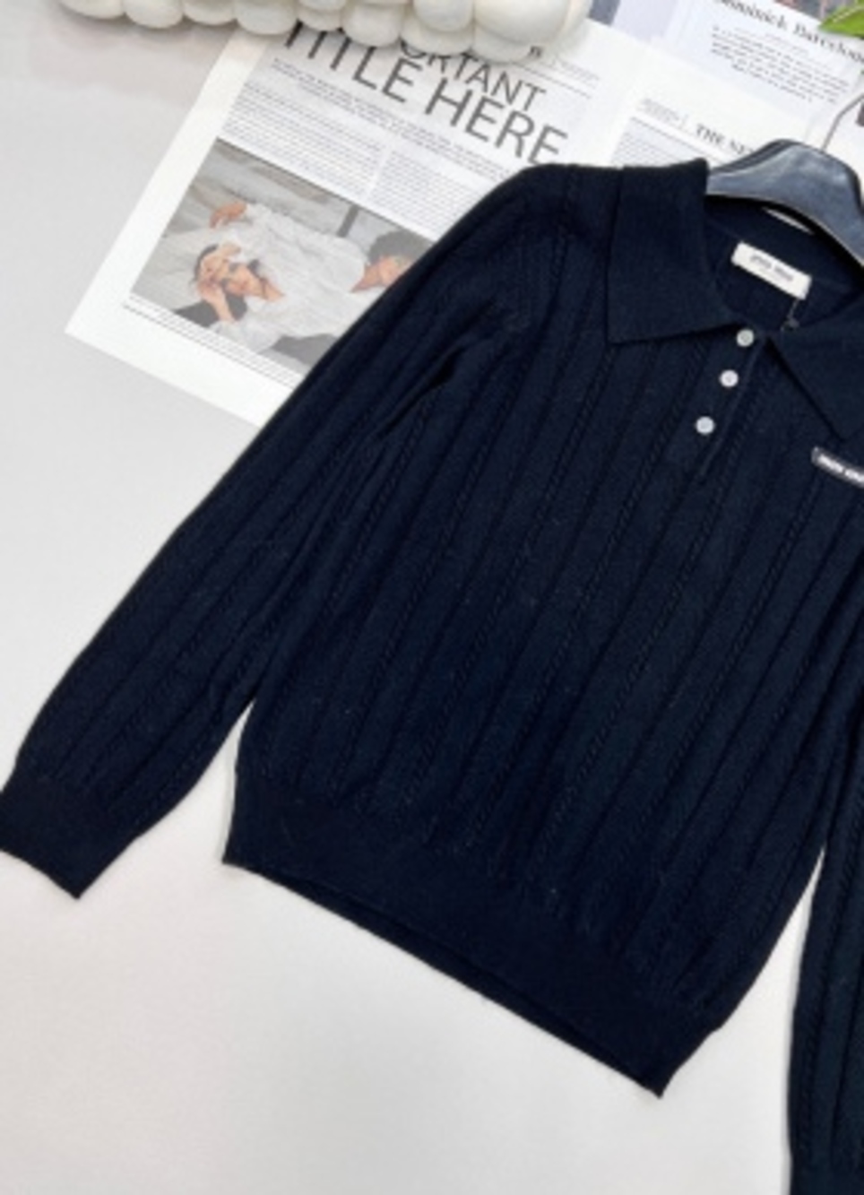 🖤Miu Miu Black Ribbed‑Knit Polo Collar Long‑Sleeve Sweater - Picture 7 of 8
